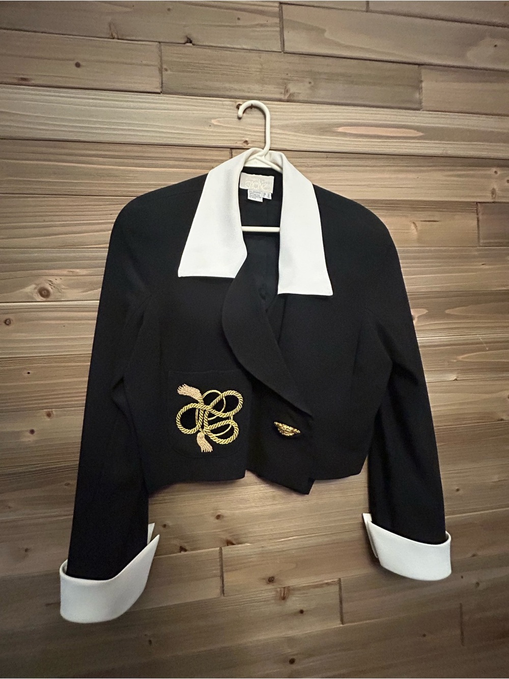 Cache Black Cropped Blazer with White Collar, Cuffs and Gold Embroidery